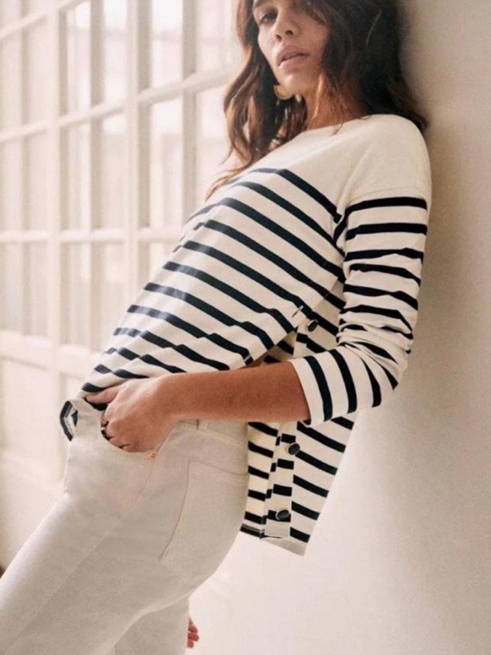 Sezane White & Navy Striped Boatneck Pullover
